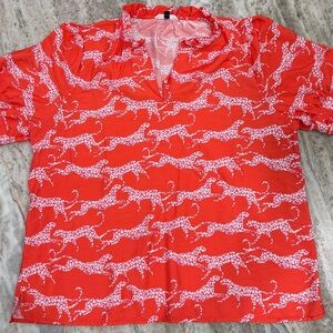 Michelle McDowell Orange Red Leopard Print V-Neck Blouse